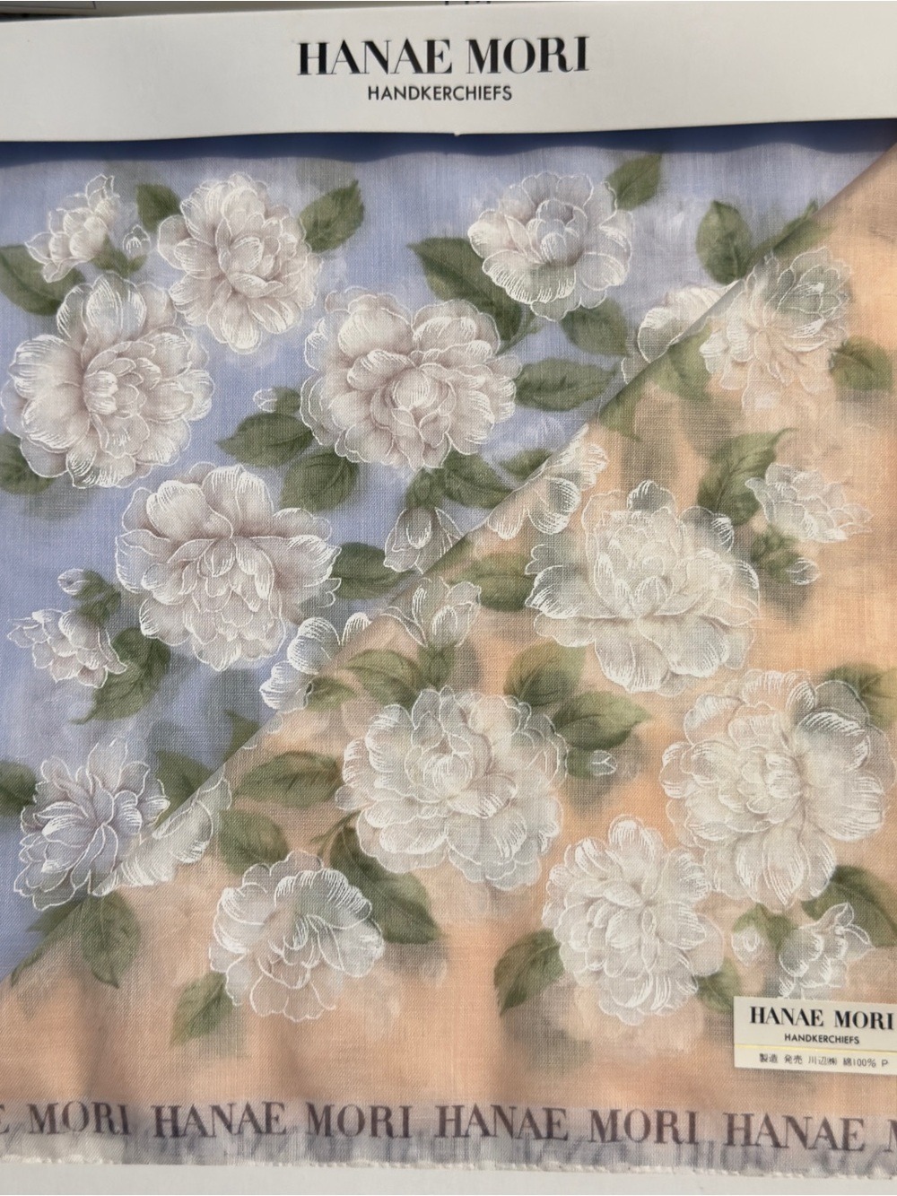 Hanae Mori 2pcs set Floral Handkerchief - Blue & Peach - Picture 2 of 6